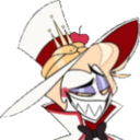 Lucifer Morningstar wearing a white top hat with a smug, condescending smirk.