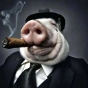 A pig wearing a black fedora and suit jacket smoking a cigar.