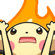 Pichu with an angry expression and orange flames rising behind its head.