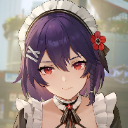 Buzenbo with purple hair and red eyes wearing a maid headpiece and outfit, smiling gently.