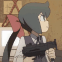 Chito from Girls' Last Tour holding a submachine gun with a serious expression.