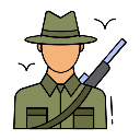 Hunter wearing a green hat and shirt with a rifle slung over his shoulder.