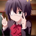 Rikka Takanashi wearing an eyepatch and a school uniform, holding her fingers up in a playful pose.