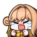 Anime girl with blonde hair crying and throwing a dramatic tantrum with hands near her face.
