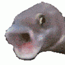 A surreal fish creature with a wide, open, fleshy mouth.