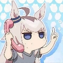 Oguri Cap holds a pink telephone receiver to her ear while making a dismissive hand gesture.