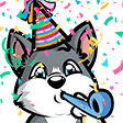 A cute gray wolf wearing a colorful party hat and blowing a blue noisemaker while surrounded by falling confetti.
