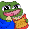 Pepe the Frog with wide, sparkling eyes holding a red bag labeled snack and eating.