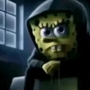 SpongeBob wearing a dark hoodie with a deadpan and serious expression.