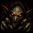 Goblin with glowing red eyes and sharp claws reaching out from the darkness.