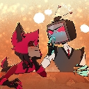 Alastor and Vox from Hazbin Hotel leaning in together with a chaotic, tipsy expression in pixel art style.