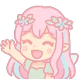 A cute anime girl with pink hair and a flower crown waving her hand with a happy smile.