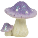Two glowing purple mushrooms with white spots standing against a dark background.