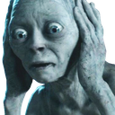 Gollum covering his ears with both hands while looking wide-eyed and distressed.