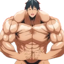 A muscular anime character with a gentle smile flexing his massive arms.