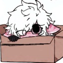 A white-haired anime character with cat ears resting inside a cardboard box.
