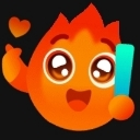 Fire spirit with large sparkling eyes and a wide smile holding a heart and a blue marker.
