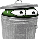 A green character with large eyes peeking out from inside a metal trash can.
