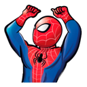 Spider-Man dancing with both arms raised high in the air.