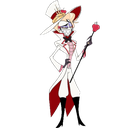 Lucifer Morningstar standing with a smug expression while holding a staff.