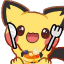 Pichu holding a knife and fork with a happy expression in front of a stack of pancakes.