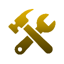 A gold hammer and a gold wrench crossed over each other against a black background.