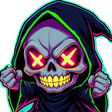 A small, cartoonish grim reaper with glowing yellow x-shaped eyes and a toothy grin, clenching its fists in an aggressive po…