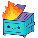 A cute blue dumpster with a smiling face engulfed in bright orange and yellow flames.