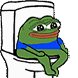 Peepo the frog sitting on a white toilet with a relaxed expression.
