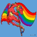 A small red dragon holding a large rainbow flag on a pole.