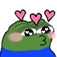 Pepe the Frog with heart eyes and a puckered mouth expressing love.