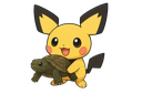 Pichu smiling happily while holding a small turtle in its arms.