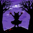Silhouette of a cat-eared character standing on a hill with arms raised in celebration against a dark purple sky with trees.