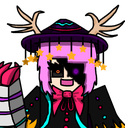A pixelated character with pink hair and antlers wearing a purple witch hat and smiling mischievously.
