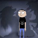 Morty Smith looking blankly ahead with dark, shadowy figures looming behind him.