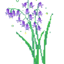 Bluebells with green stems and yellow sparkles floating around them in a pixel art style.