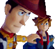 Woody places a hand on Sora's shoulder with a serious expression in front of a red letter f.