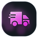 A stylized purple delivery truck icon with motion lines on a dark background.