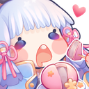Anime girl with white hair happily eating a snack with a heart floating nearby.