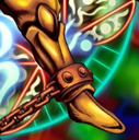 A stylized golden leg wearing a metal shackle with a chain attached.