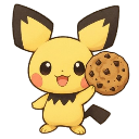 Pichu smiling happily while holding a chocolate chip cookie in its hand.