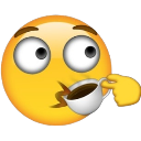 Yellow smiley face with wide eyes holding a white coffee cup and sipping from it.