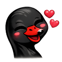 A cute black duck with a red beak and blushing cheeks smiling while floating hearts appear next to its head.