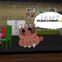 A brown blob creature with large, weeping black eyes and a speech bubble that says I'm just a babeh.