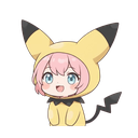 A cute anime character with pink hair wearing a yellow Pikachu onesie with a content, smiling expression.