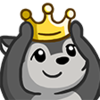 A cute gray wolf cartoon character smiling while wearing a golden crown on its head.