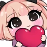 Anime girl with pink hair holding a large red heart with a happy expression.