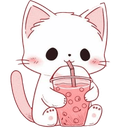 A cute white kitten holding and drinking from a cup of pink boba tea with a straw.