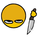 A yellow circular face with deadpan eyes holding a silver knife.