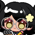 A cute anime-style girl with glasses writing in a notebook with a pencil.